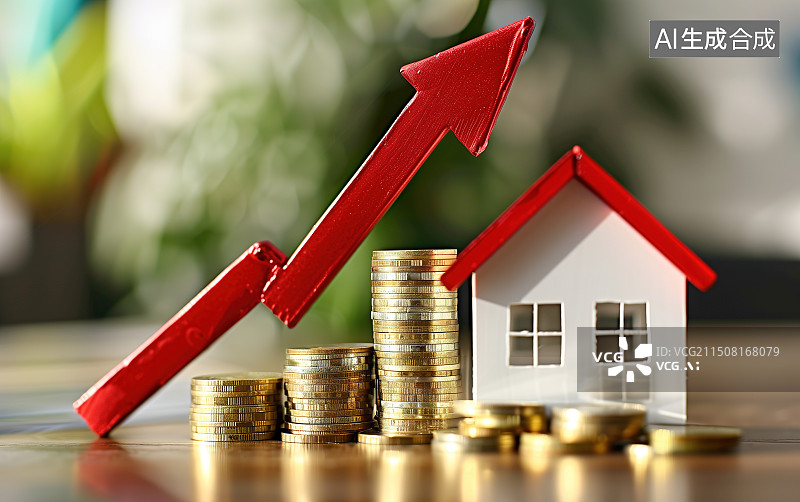 【AI数字艺术】货币和房子，楼市上升的金融概念图片素材