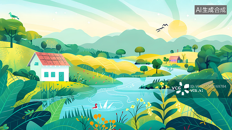 【AI数字艺术】田园小河插画图片素材