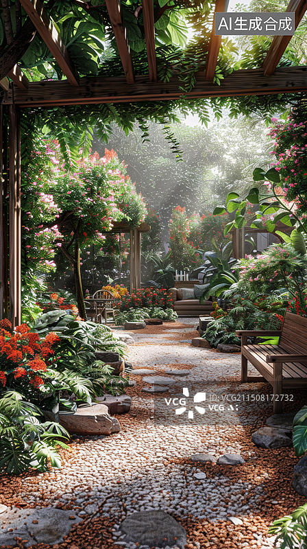 【AI数字艺术】郁郁葱葱的花园小径图片素材