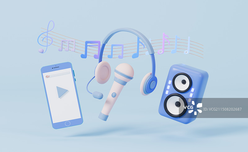 卡通音符与耳麦3D插画图片素材