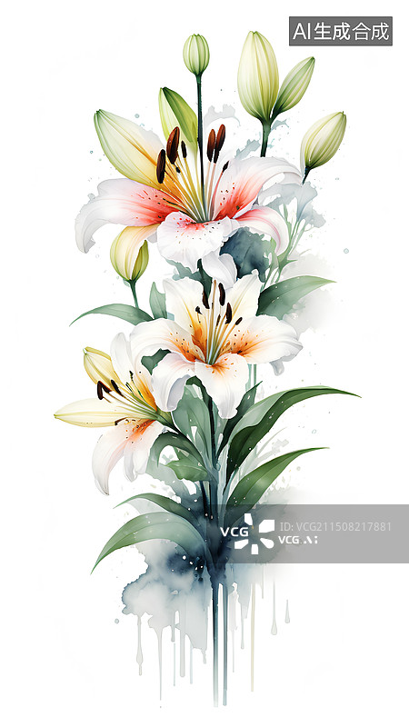 【AI数字艺术】水彩插画 盛开的百合花图片素材