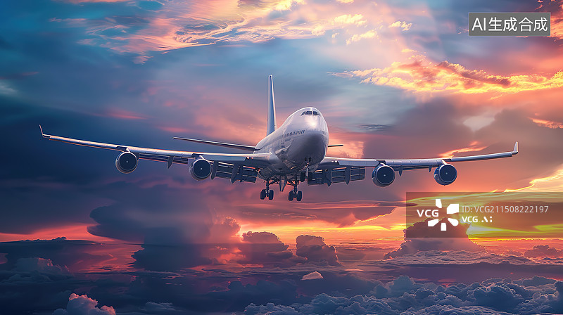 【AI数字艺术】一架飞机在夕阳云海中翱翔图片素材