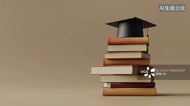 【AI数字艺术】纯色背景下叠放的一摞书和学位帽图片素材