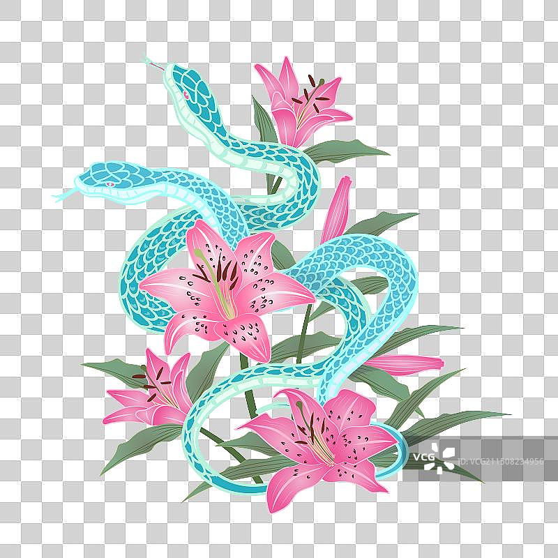 蛇年双蛇与百合花吉祥如意素材图片素材