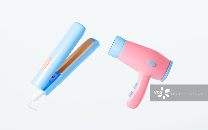 卡通吹风机和直发器3D渲染图片素材