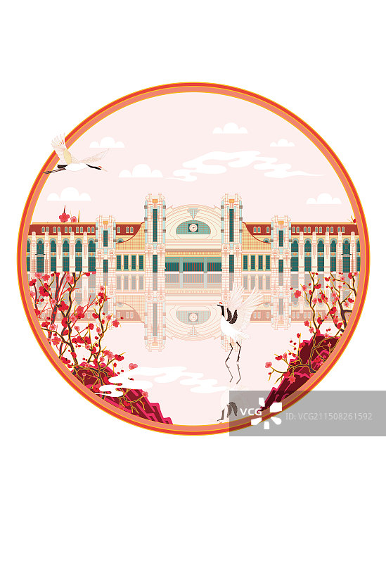 国风地标城市风光系列—哈尔滨站 国潮风矢量插画图片素材
