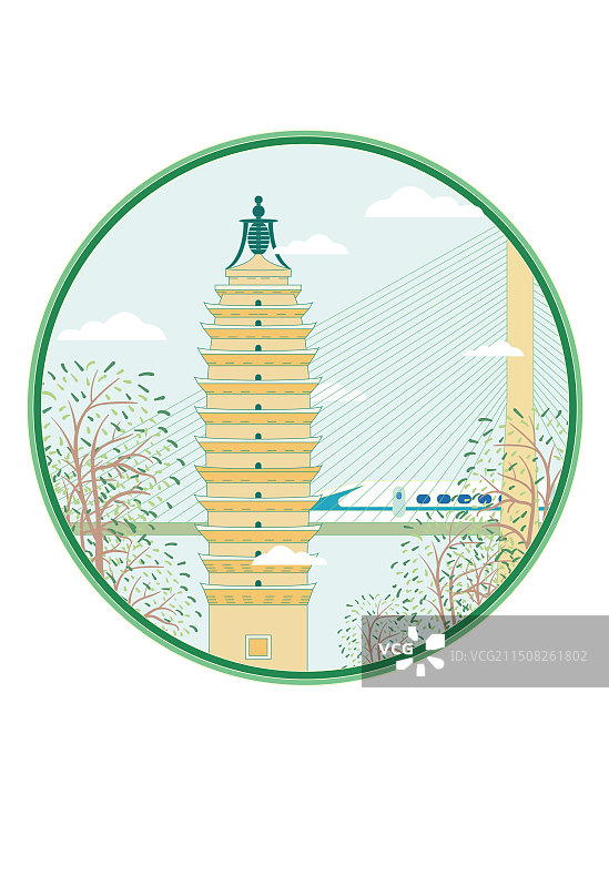 国风地标城市风光系列—昆明 东西寺塔 国潮风矢量插画图片素材