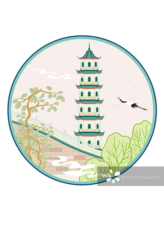 国风地标城市风光系列—温州 江心双塔 国潮风矢量插画图片素材