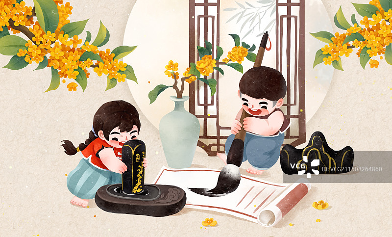 中国传统文化插画儿童写毛笔字图片素材