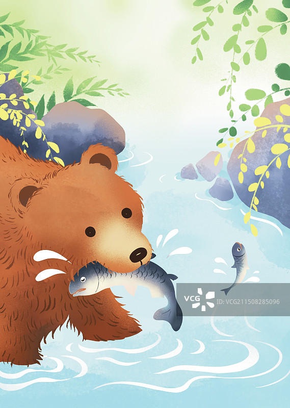 彩色 卡通 插画插图 扁平风 夏天 大熊 棕熊 吃鱼 捕食 捉鱼 动物 生态图片素材