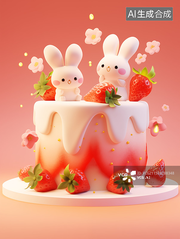 【AI数字艺术】可爱的3d兔子翻糖蛋糕图片素材