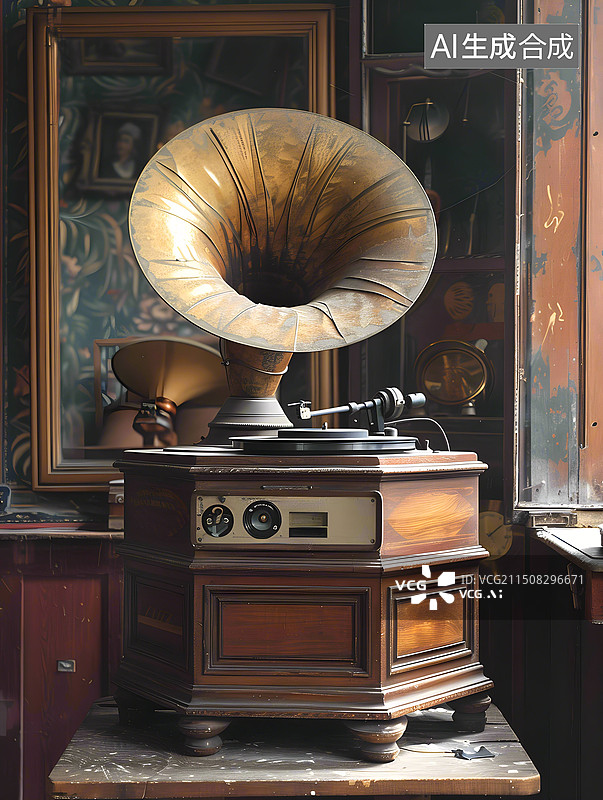 【AI数字艺术】不同风格复古老式唱片机留声机黑胶唱片扩音器图片素材