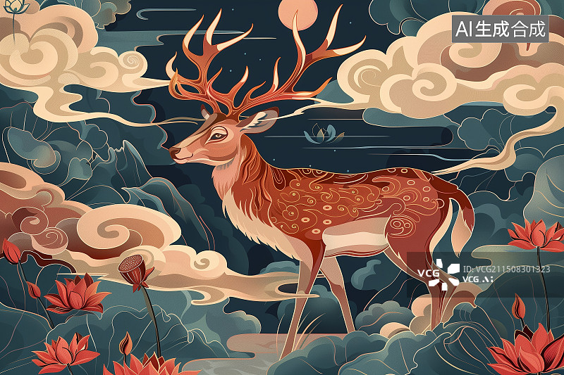 【AI数字艺术】敦煌壁画风格国潮中国风鹿形象潮流配图插图壁纸图片素材