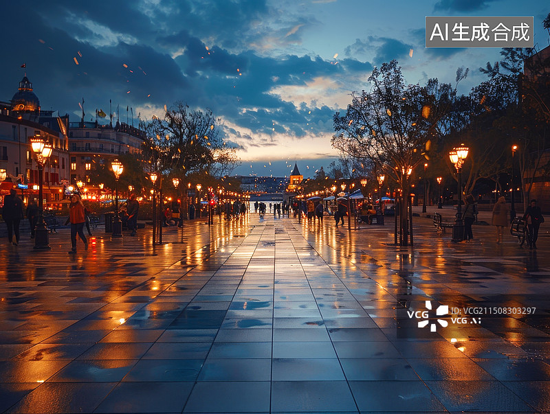 【AI数字艺术】夜幕降临欧洲城市灯火通明的街道摄影图图片素材