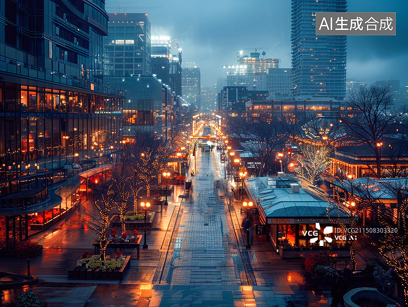【AI数字艺术】夜幕降临欧洲城市灯火通明的街道和商业外摆摄影图图片素材