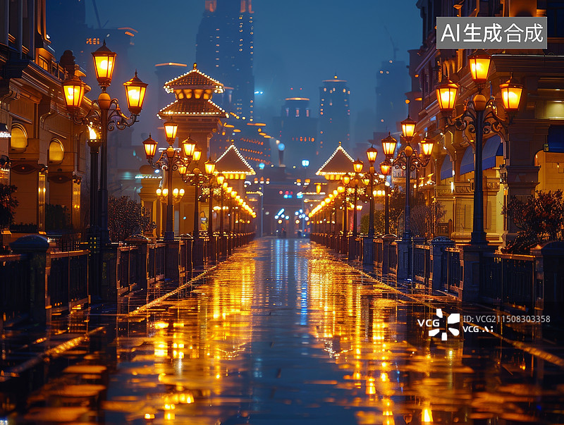 【AI数字艺术】夜幕降临欧洲城市灯火通明的街道摄影图图片素材