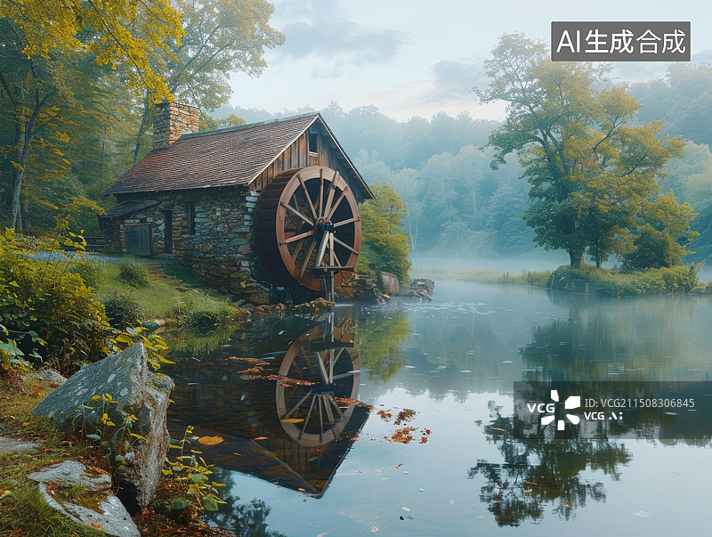 【AI数字艺术】秋天晨雾森林里小河边的小木屋和水风车摄影图图片素材
