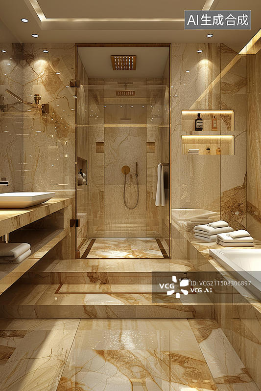 【AI数字艺术】金碧辉煌的大理石浴室图片素材