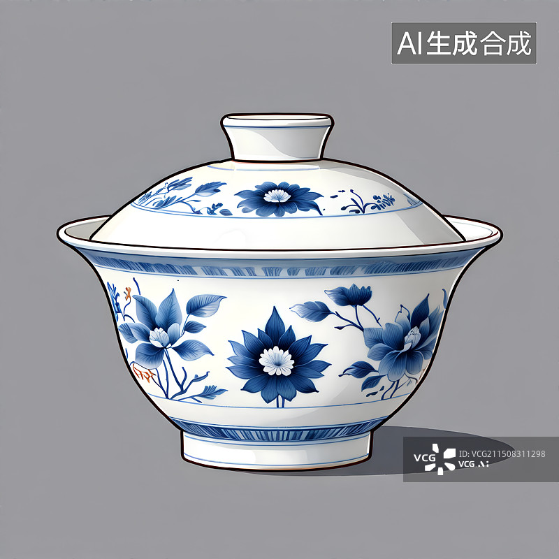 【AI数字艺术】国风手绘插画，一个青花瓷盖碗，茶盏，茶杯茶具，瓷器，茶道，茶文化，喝茶饮茶图片素材