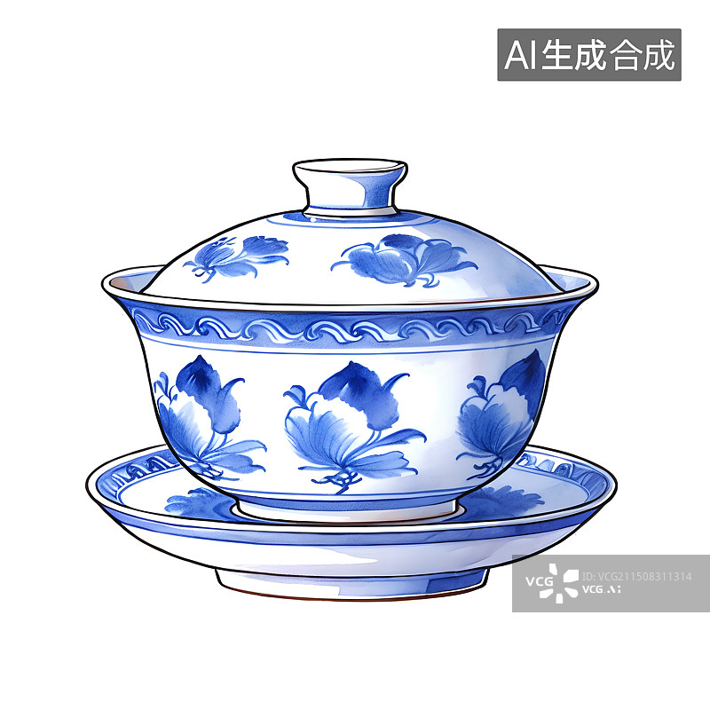 【AI数字艺术】国风手绘插画，一个青花瓷盖碗，茶盏，茶杯茶具，瓷器，茶道，茶文化，喝茶饮茶图片素材