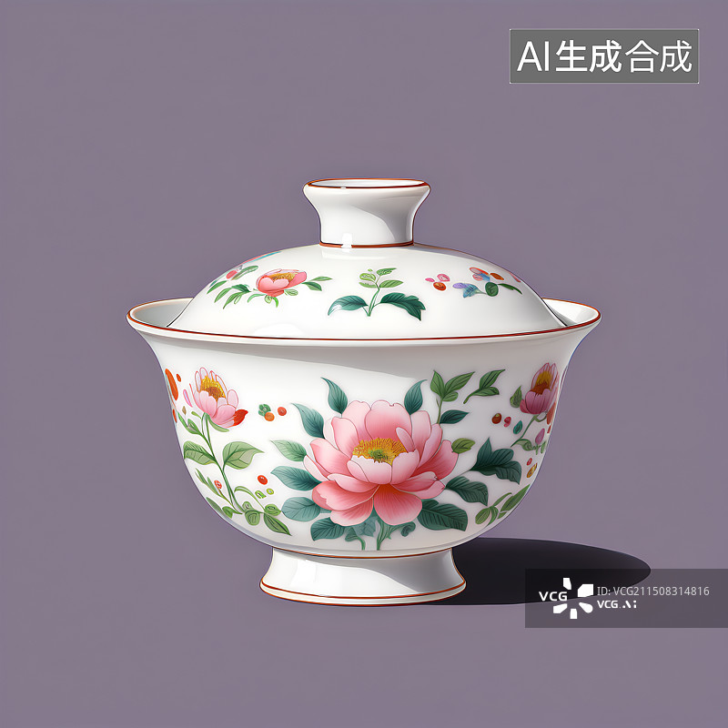 【AI数字艺术】国风手绘插画，一个粉彩盖碗，茶盏，茶杯茶具，瓷器，茶道，茶文化，喝茶饮茶图片素材