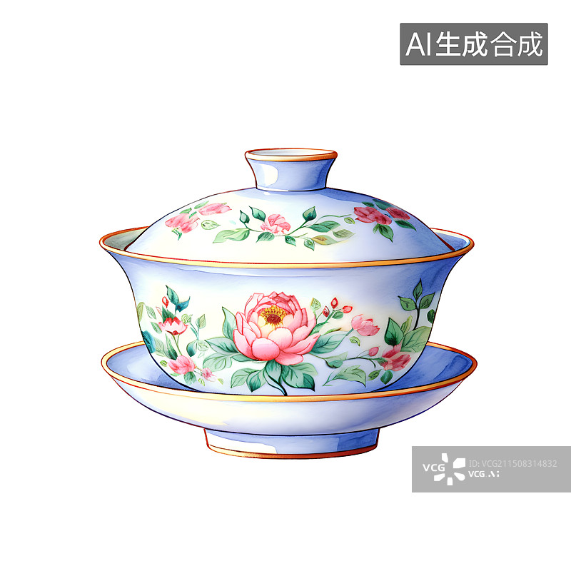 【AI数字艺术】国风手绘插画，一个粉彩盖碗，茶盏，茶杯茶具，瓷器，茶道，茶文化，喝茶饮茶图片素材