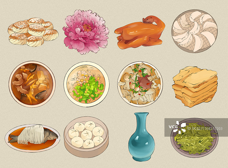 河南省美食小吃土特产，河南文旅手绘插画图片素材