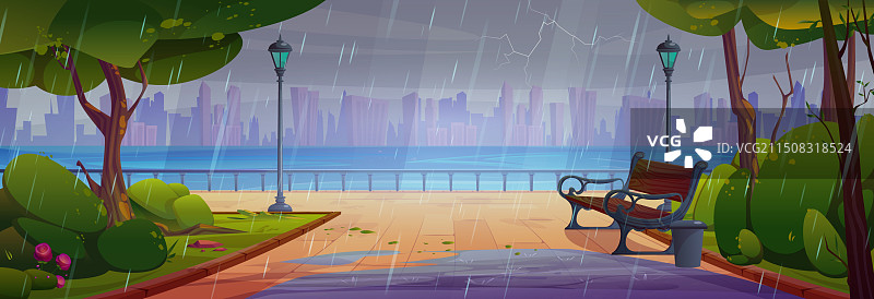 雨中城市公园：小路与长椅图片素材