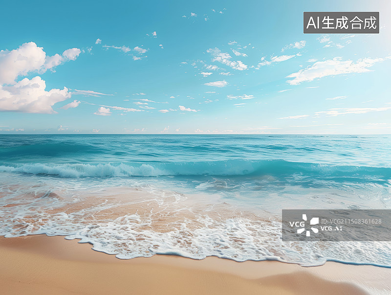 【AI数字艺术】蓝天白云下的海滩插画图片素材