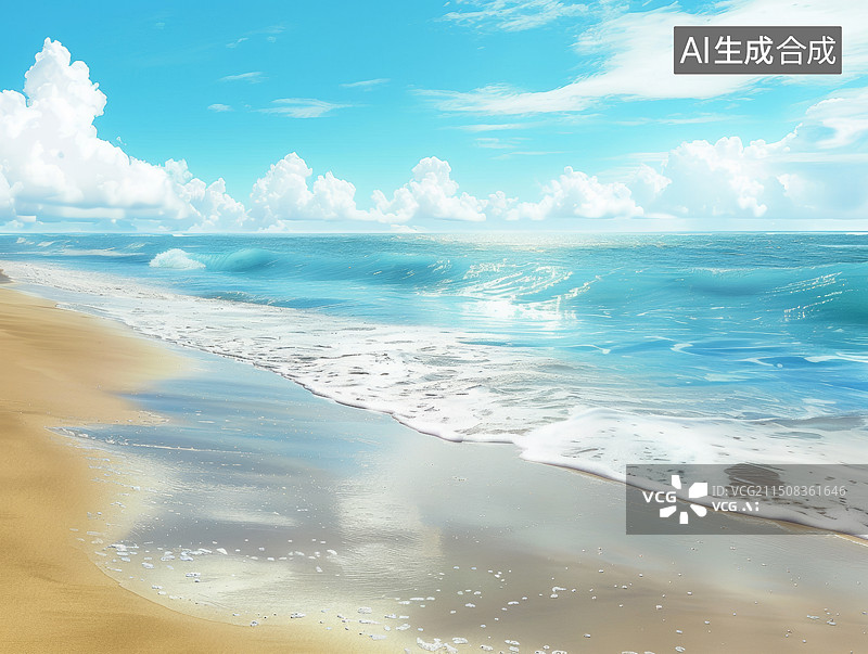 【AI数字艺术】蓝天白云下的海滩插画图片素材
