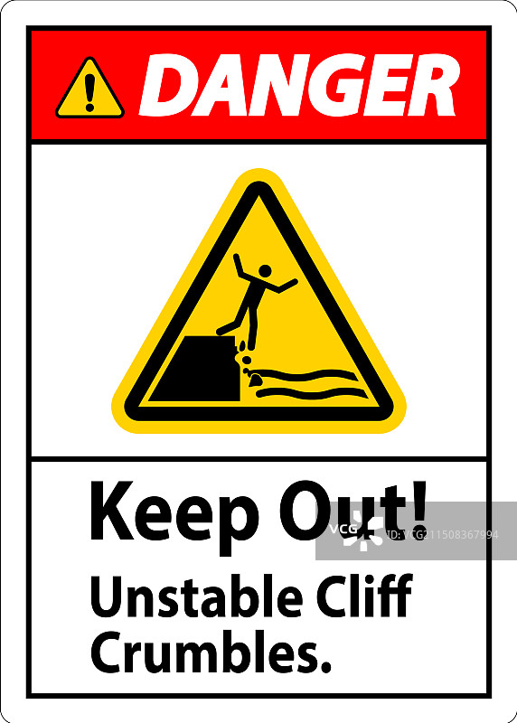 危险标志：不稳定悬崖，请勿靠近图片素材