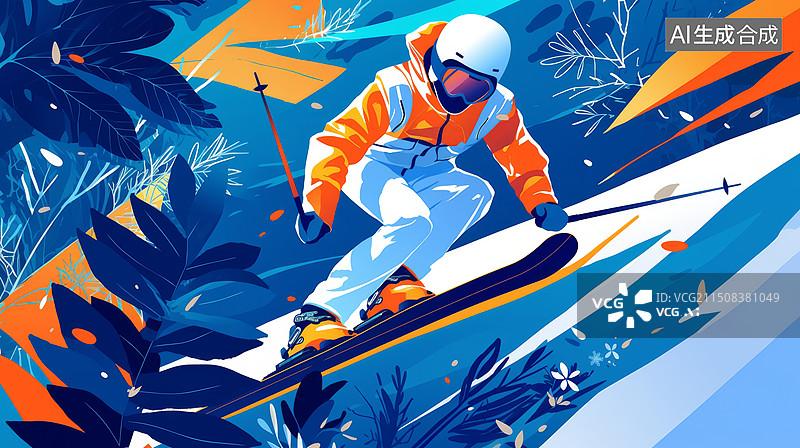 【AI数字艺术】一个人穿戴着滑雪装备在滑雪冬季户外运动插画图片素材