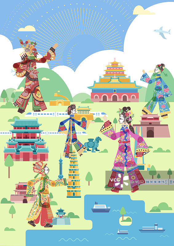 河北景点建筑皮影人物插画图片素材