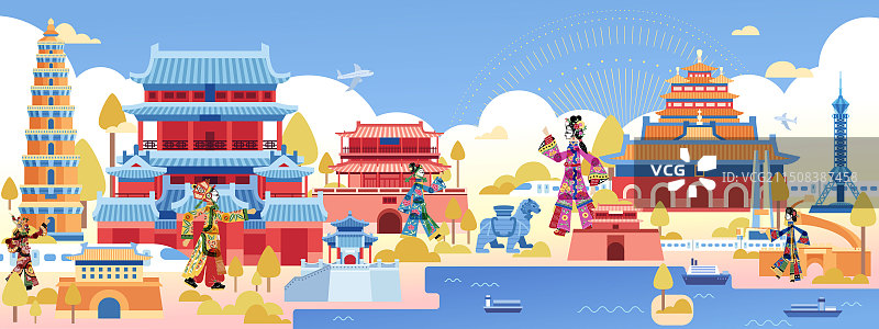 河北景点建筑皮影人物插画图片素材