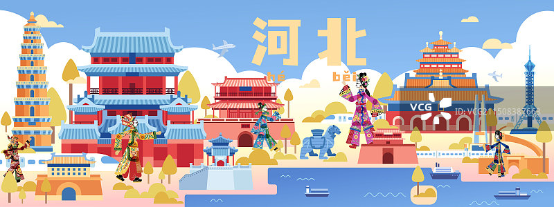 河北景点建筑皮影人物插画图片素材