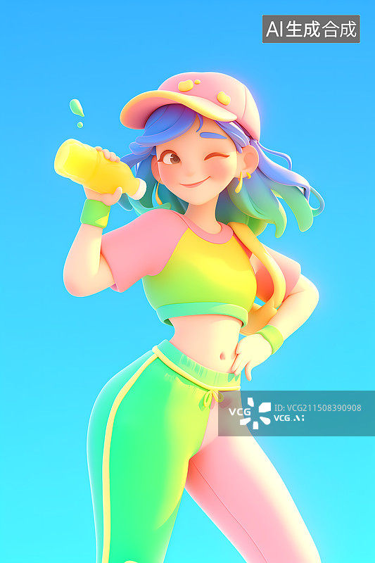 【AI数字艺术】戴着帽子的女孩穿着运动装拿着一瓶饮料3D插画图片素材