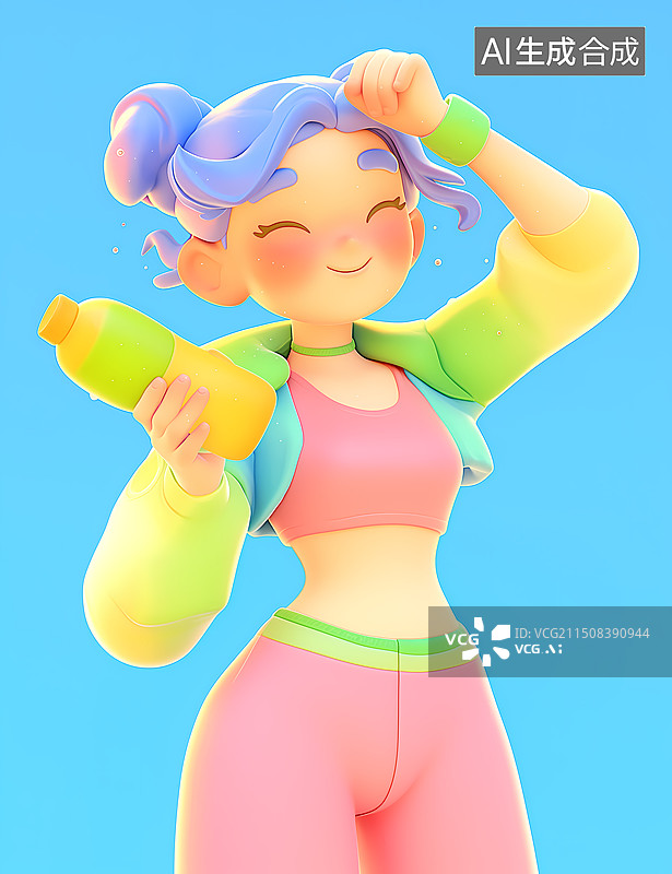 【AI数字艺术】活力时尚运动衣少女拿着饮料瓶三维插画图片素材