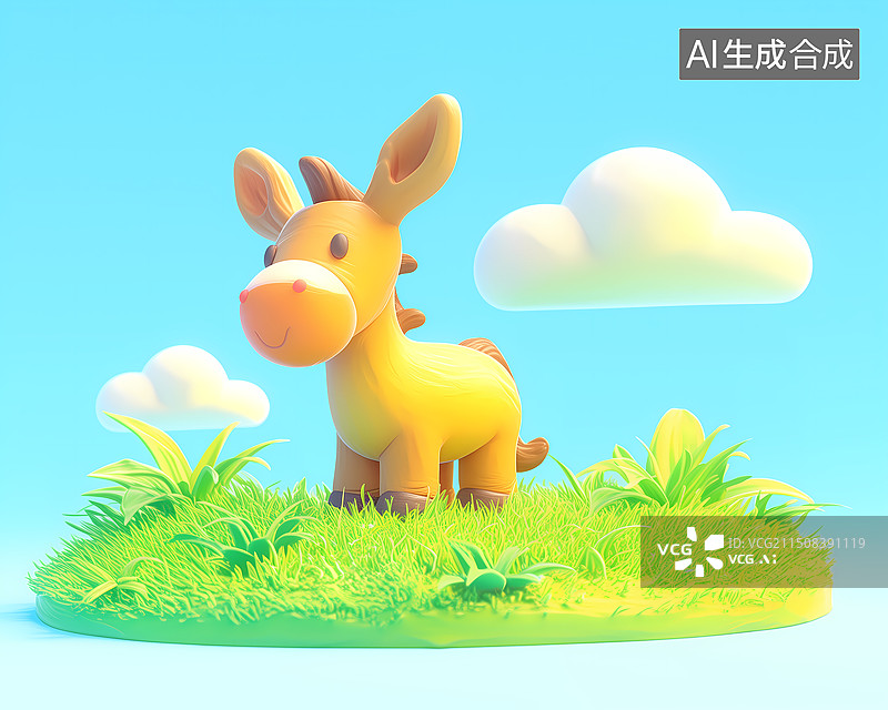 【AI数字艺术】嫩绿色草地上一只可爱的小毛驴云朵3D插画图片素材