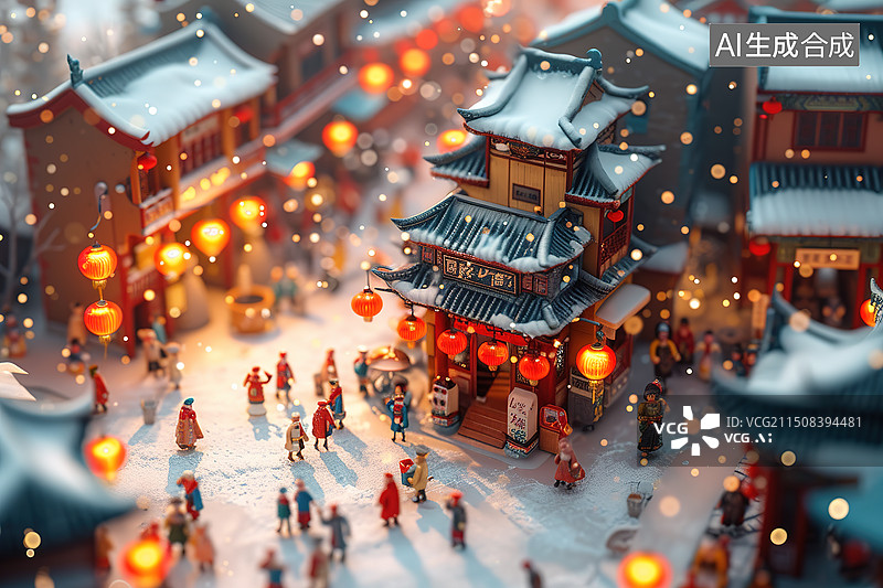 【AI数字艺术】春节期间张灯结彩小镇赶集场景插画图片素材