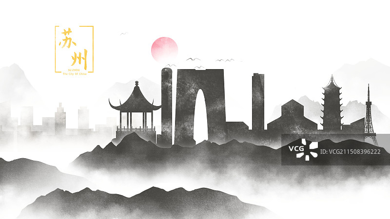 中国风苏州水墨城市黑白山水文化诗意水墨画剪影图片素材