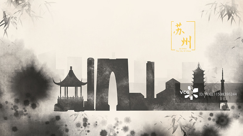 中国风苏州水墨城市黑白山水文化诗意水墨画剪影图片素材