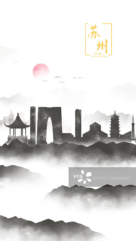 中国风苏州水墨城市黑白山水文化诗意水墨画剪影图片素材