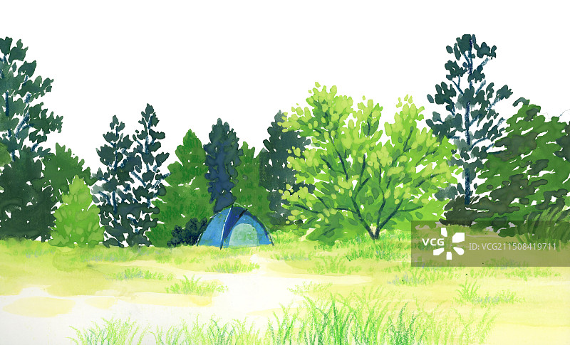 春天旅游露营水彩手绘插画图片素材