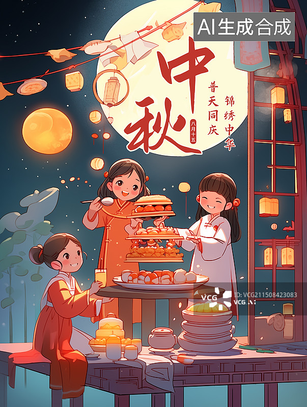 【AI数字艺术】国潮风中秋节 一家人围坐在灯笼下团聚吃月饼赏月 竖版图片素材