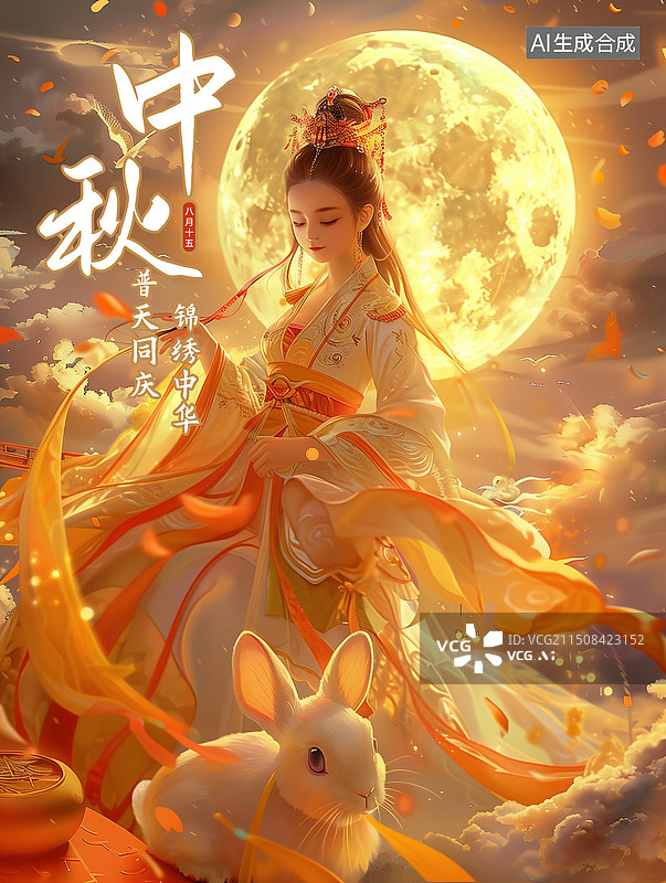 【AI数字艺术】古风中秋节女孩和玉兔在满月前的插画海报模版 婵娥给兔子喂月饼图片素材