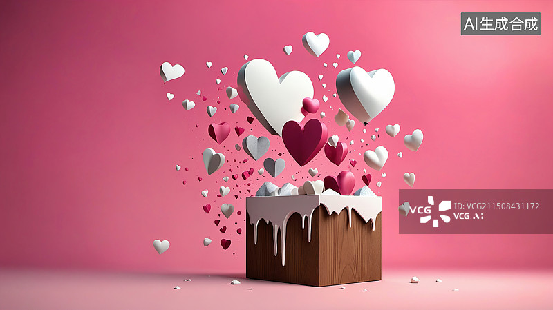 【AI数字艺术】粉红色背景下巧克力蛋糕与心形气球浪漫场景图片素材
