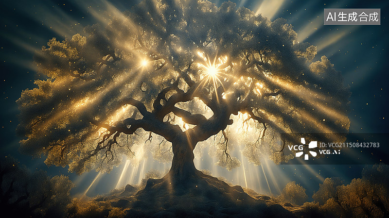 【AI数字艺术】神圣巨树沐浴阳光图片素材