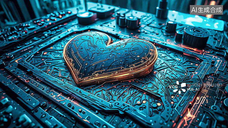 【AI数字艺术】电路板上的蓝色心形图案科技浪漫图片素材