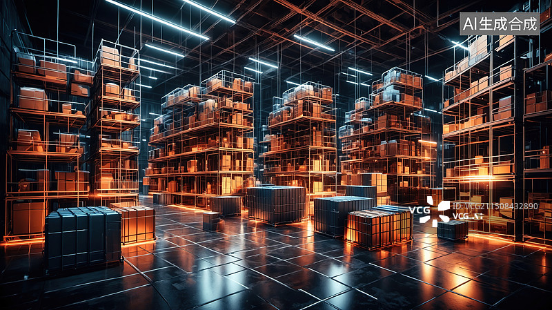 【AI数字艺术】高科技未来感仓库内部景象图片素材