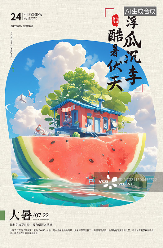 【AI数字艺术】二十四节气系列插画海报模版-夏天-大暑 夏日度假概念沙滩上的营地 D创意西瓜房子 海边度假旅游 竖版图片素材
